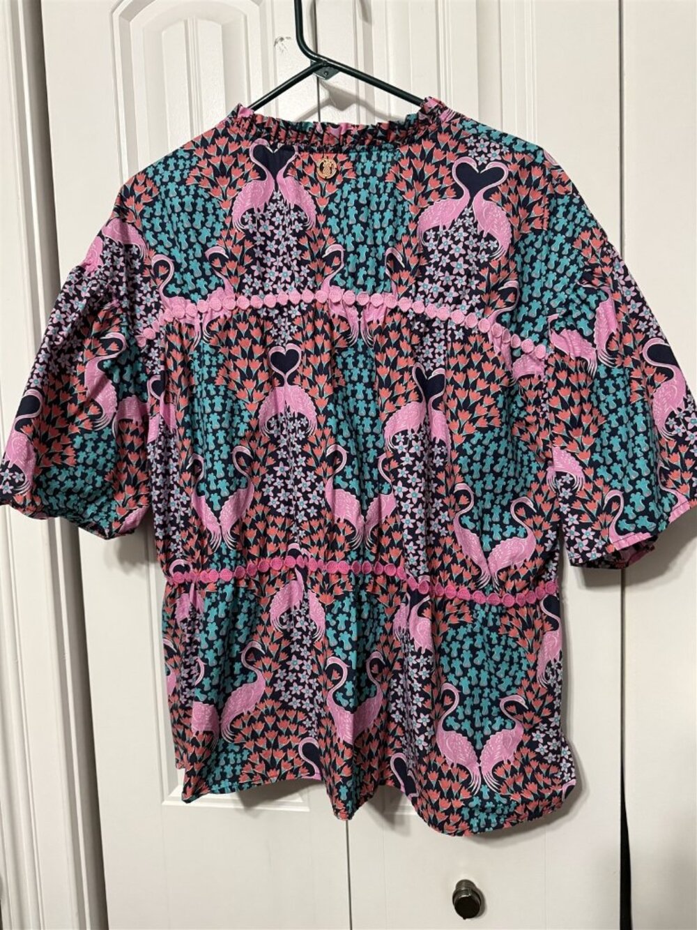 Simply Southern Blouse Pink Flamingo Ruffle Ric Rac Womens Large Flowy Tropical - Picture 9 of 10